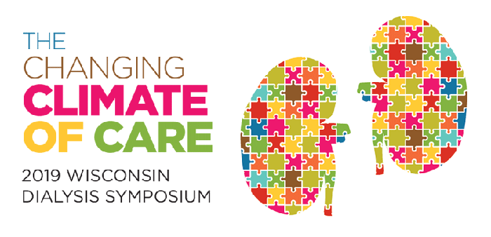 The words "Changing Climate of Care 2019 Wisconsin Dialysis Symposium" next to the shape of two kidneys that contain various colored puzzle pieces.