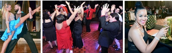 three images - first is a couple dancing, second is a circle of people, formally dressed, dancing and raising their hands in celebration, the third a woman enjoying a glass of champagne
