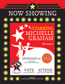 "Now Showing" red poster with white stars and silhouette of couple dancing bordered with yellow "Broadway lights" on black background