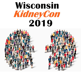 The words Wisconsin KidneyCon 2019 above the shape of two kidneys that contain a variety of small people illustrations