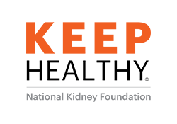 Three lines of text: large orange"keep", black "Healthy" and small gray National Kidney Foundation