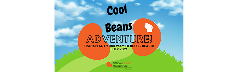 two orange kidney bean shapes with the words "Cool Beans Adventure" set against a green semi-circle and a blue sky with a few clouds