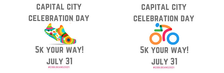 two separate images both titled Capital City Celebration Day 5K Your Way July 31; image on the left is of a multicolored, diagonally positioned tennis shoe; image on the right contains multicolored icon of person riding a bicycle